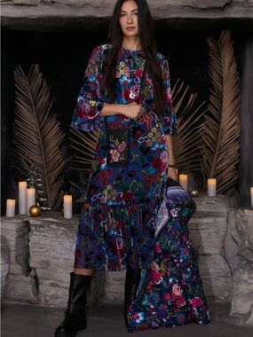 Johnny Was Minto Burnout Tanya Dress featuring a blue floral pattern XS